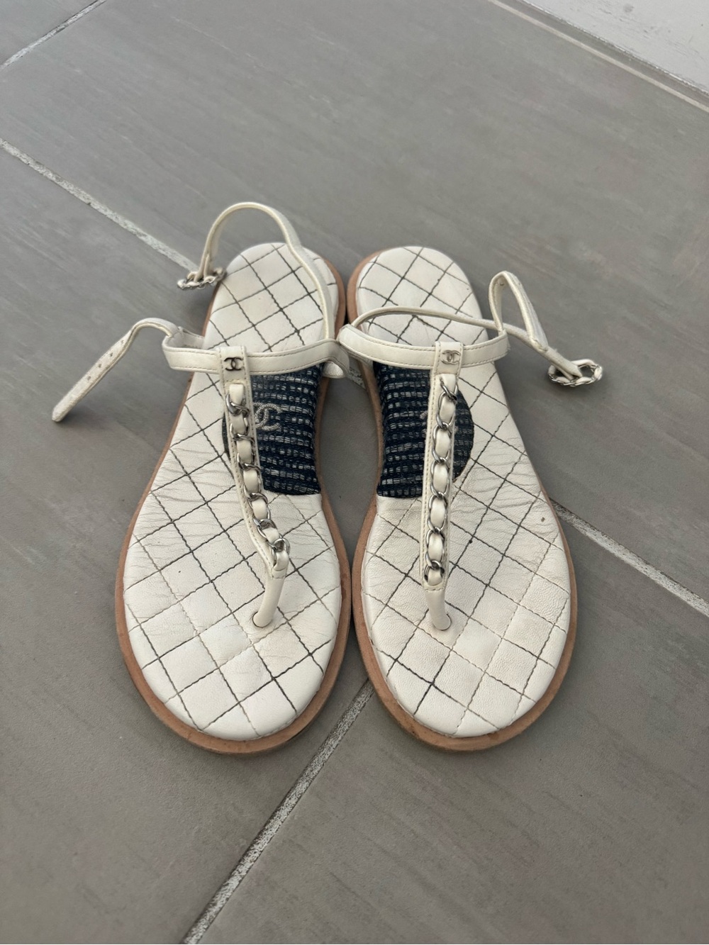 Chanel Women's White Quilted T-Strap Sandals with Chain Accent